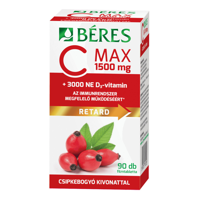 BÉRES C MAX 1500 MG RETARD FILMTABLETTA CSIPKEBOGYÓ KIVONATTAL + 3000 NE D3-VITAMIN