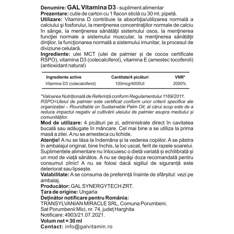 GAL D3 vitamin - 4000 NE 240 adag, 30 ml