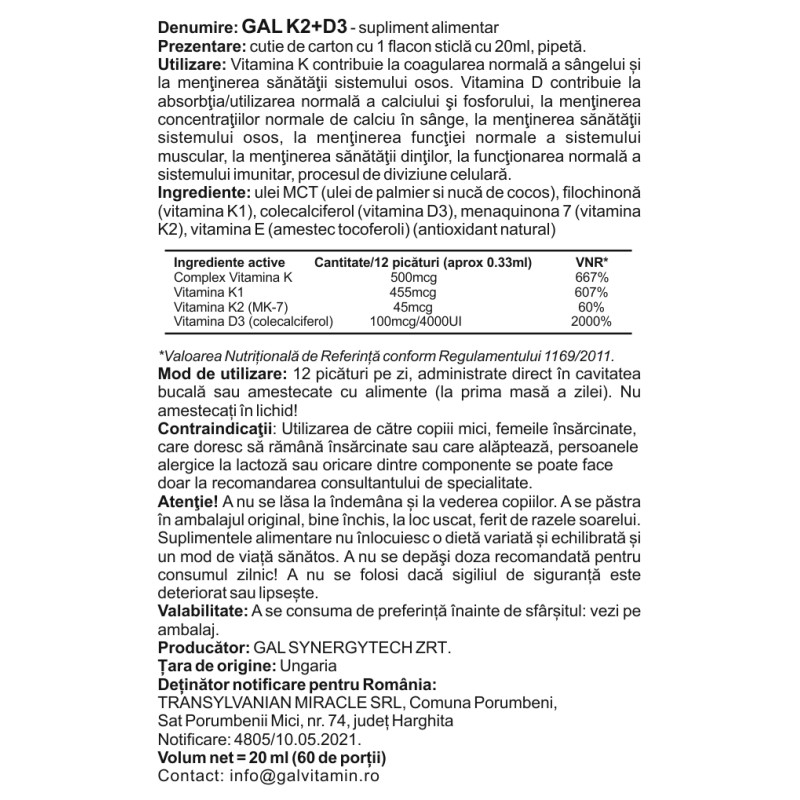 GAL K-komplex + D3 500 mcg K-komplex + 4000 NE D3 x 60 adag, 20 ml