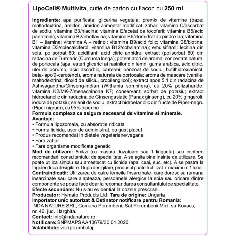 LIPOCELL MULTIVITA LIPOSZÓMÁS MULTIVITAMIN (250 ML)