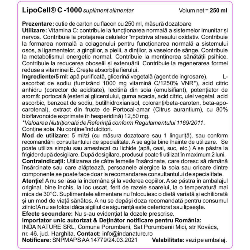 LipoCell C1000 vitamina C cu Lipozomi - Aroma de Orange 250 ml