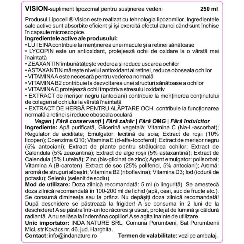 LipoCell Vision - supliment lipozomal pentru susținerea vederii 250ml