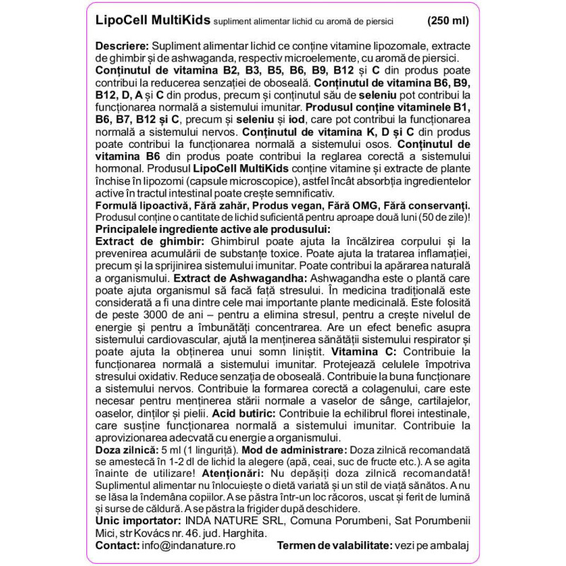 LipoCell MultiKids supliment alimentar lichid cu aromă de piersici. Hymato – (250 ml)