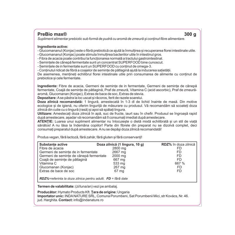 PreBio Max – Prebiotikus étrend-kiegészítő por, málna ízben (300 g)