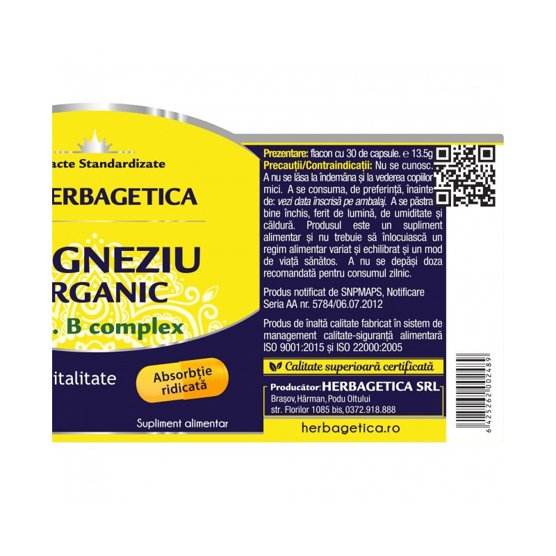 HERBAGETICA ORGANIKUS MAGNÉZIUM B-vitamin komplexszel, 30 kapszula