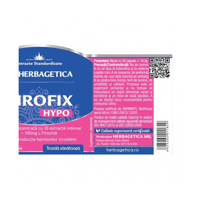 HERBAGETICA TIROFIX HYPO 30 capsule