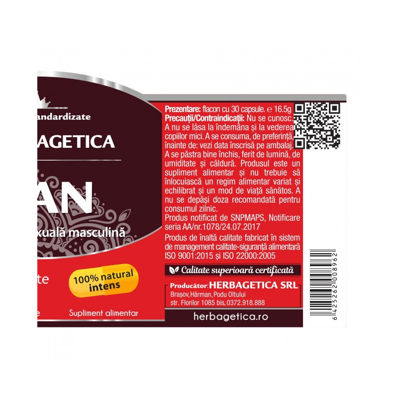 Maca 0.6/4:1 Herbagetica – 60 capsule