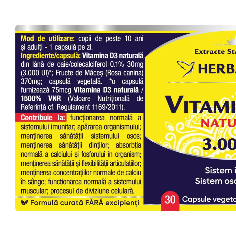 Herbagetica Vitamina D3 Naturală 3000 UI – 30 capsule