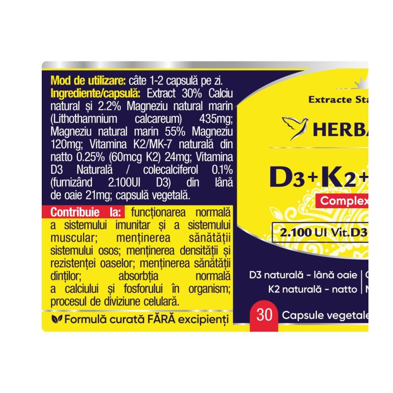 Herbagetica Complex Natural D3 + K2 + Ca + Mg – 30 kapszula