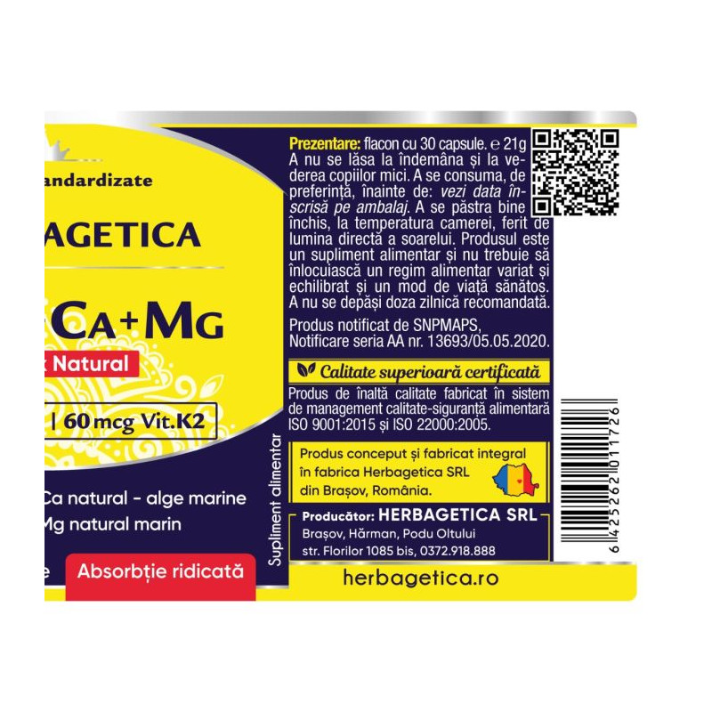 Herbagetica Complex Natural D3 + K2 + Ca + Mg – 120 capsule