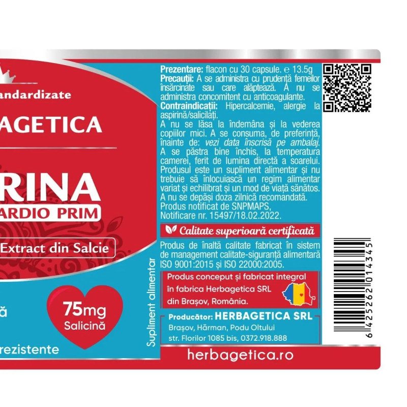 Herbagetica Aspirina Naturală CardioPrim – 30 capsule