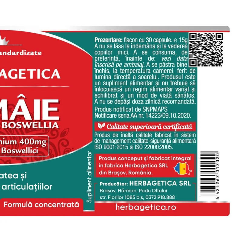 Herbagetica Tămâie – Boswellia Serrata, 120 capsule