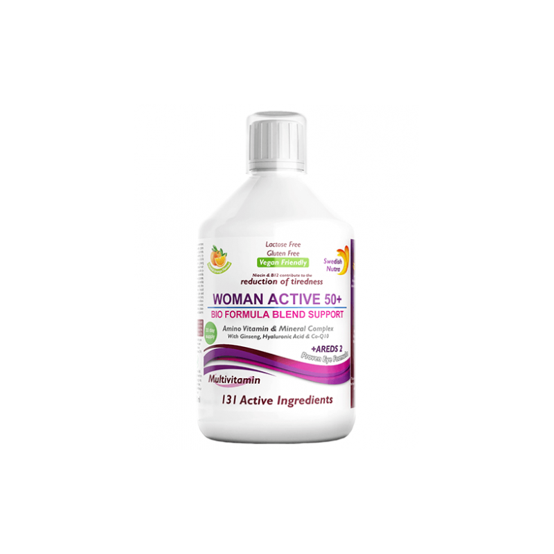 Multivitamine Lichide WOMAN ACTIVE 50+pt Femei peste 50: Vitamine+Minerale+Aminoacizi+BioActiveLifeBlend + Areds 2 – 500ml